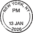 A postmark stamp that shows a cancellation date of January 13, 2025, in New York, NY.